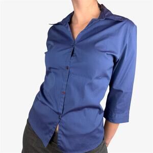 Blue iridescent office siren button down blouse three quarter sleeve vintage, M